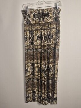 Superline Paisley Print Wide Leg Pants Brown Cream Boho Pull On Stretch Waist